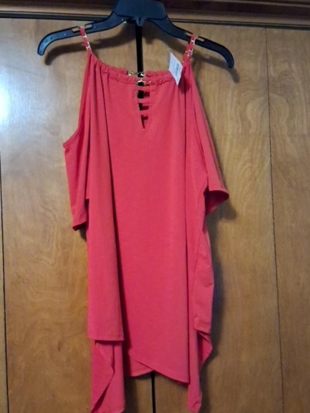 Cold-Shoulder Strappy Neck Women's Top - Coral Pink